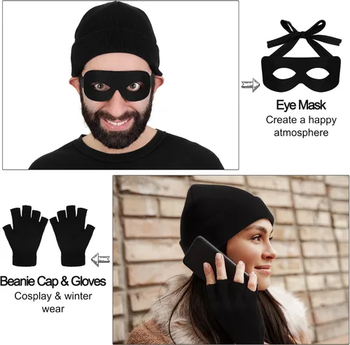 Vista 6 de SOMSOC Conjunto de disfraz de ladrón de Halloween para adultos, camiseta gorra, bolsa de dinero, guantes de máscara de ojos para Halloween, fiesta