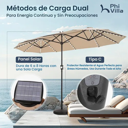 Vista 5 de PHI VILLA - Sombrilla para patio de 13 pies con luces LED de 120 piezas con alimentación solar que cambian de color, sombrilla grande de triple Beige
