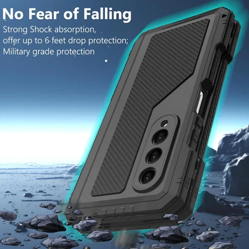 Vista 2 de Funda de metal para Samsung Galaxy Z Fold 5 con soporte para bolígrafo Fold5 S, resistente funda protectora de pantalla Z Fold 5, protector de Negro