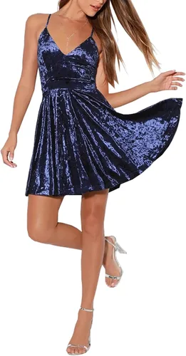 Vista 3 de R.Vivimos - Vestido sexy para mujer con tirantes delgados, de terciopelo aplastado, cuello en V, plisado y con vuelo, estilo patinadora
