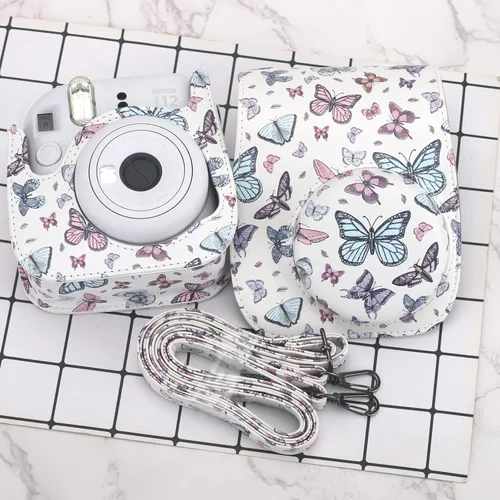 Vista 5 de Funda Protectora Compatible con Cámara de Fotos Instantáneas Fujifilm Instax Mini 12 11 9 8 con Bolsillo y Correa Ajustable (Mariposa Grande Pequeña)