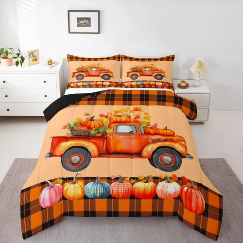 Vista 13 de Juego de edredón de calabaza de otoño, tamaño individual, juego de ropa de cama de hojas de arce para niños y niñas, cosecha de otoño, fruta