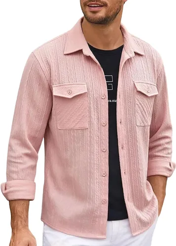 Vista 17 de Camisas con botones para hombre, casual, de manga larga, con cuello jacquard, texturizada, ligera, sobrecamisa, sobrecamisa