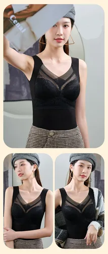 Vista 3 de Ropa interior térmica 2 en 1 con brasier incorporado, alta elasticidad, camiseta sin mangas integrada para mujer Negro