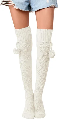 Vista 31 de SherryDC Calcetines de punto trenzado hasta el muslo para mujer, medias de bota extra largas de invierno, calentadores de piernas 1 - Blanco