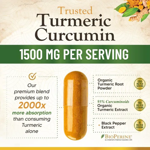 Vista 6 de Suplemento de curcumina de cúrcuma de 1500 mg, pimienta negra orgánica tumérica y bioperina para una mejor absorción con 95% de curcuminoides, apoyo