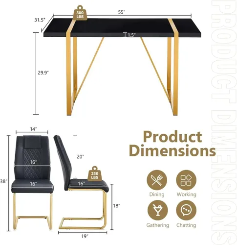 Vista 3 de Juego de mesa de comedor moderna de 55 pulgadas para 4, mesa de comedor negra y marco de metal dorado, mesa de comedor rectangular con 4 sillas