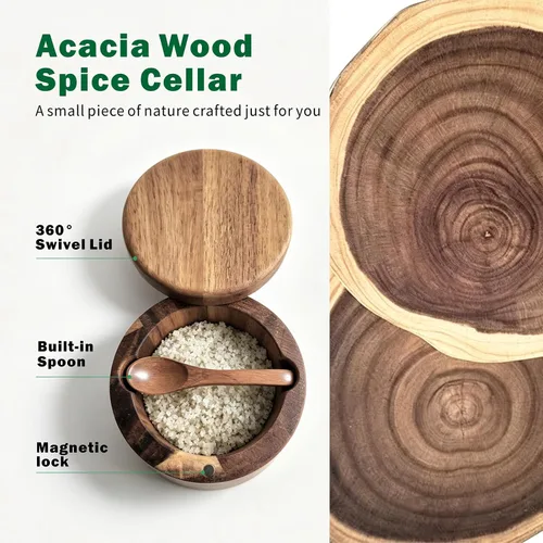 Vista 3 de ThougrLyh Bodega de sal, recipiente de sal de madera de acacia con tapa y cuchara, etiqueta de caja de sal grabada desmontable y cierre magnético