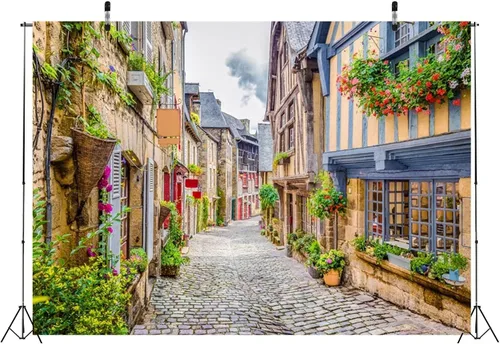 Vista 3 de BELECO Telón de fondo de tela italiana de 5 x 3 pies, diseño de flores, primavera, paisaje, calle, Europa, arquitectura, fondo de vacaciones