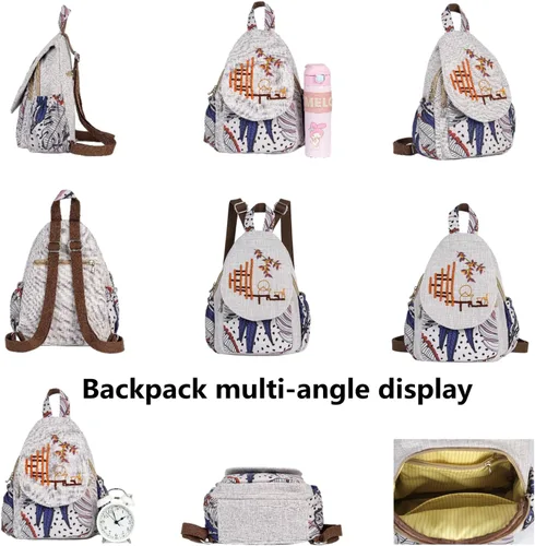 Vista 167 de HUANGGUOSHU Mochila de algodón tejida de algodón bohemio con bordado de lona estilo bohemio con múltiples bolsillos retro linda mochila cartera