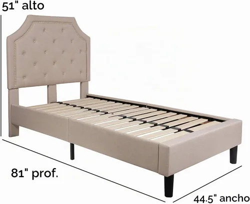 Vista 2 de EMMA + OLIVER Base de cama tapizada con diseño arqueado y diseño capitoné en tela beige
