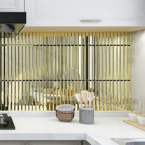 Vista 4 de Lovdeco - Tiras de espejo dorado para pegar y despegar para salpicadero de cocina y pared de baño, 30,5 x 30,5 cm, 5 piezas, 0,46 m².