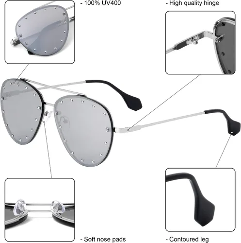 Vista 6 de Brooklyn AV-1672 - Gafas de sol de aviadores con tachuelas de gran tamaño sin montura