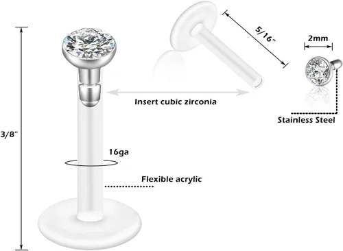 Vista 5 de Jovivi 10-40pcs 16G 2/3/4/0.197 in cristal checo transparente flexible Bioflex barra acrílica Labret Monroe Studs Lip Rings Helix Stud Pendientes