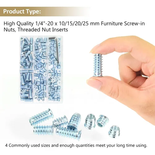 Vista 6 de Juego de 142 piezas: Insertos roscados de 1/4"-20 (10mm, 15mm, 20mm, 25mm), tuercas e insertos de madera para tornillos de muebles de madera, azul