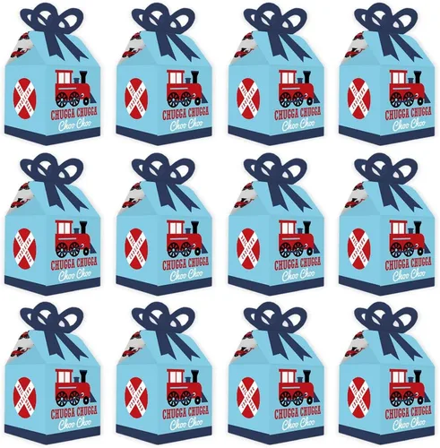 Vista 4 de Big Dot of Happiness Cajas de regalo cuadradas para fiestas de ferrocarril, para fiestas de cumpleaños o baby shower, juego de 12