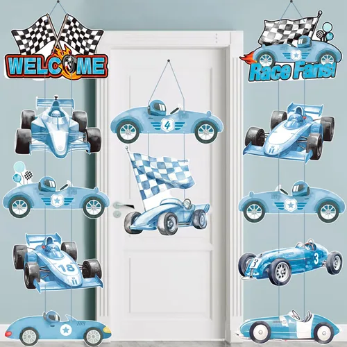 Vista 7 de Letrero de porche de carreras de autos de carreras, decoración de cumpleaños de carreras, autos de carreras azules, pancartas recortadas para colgar