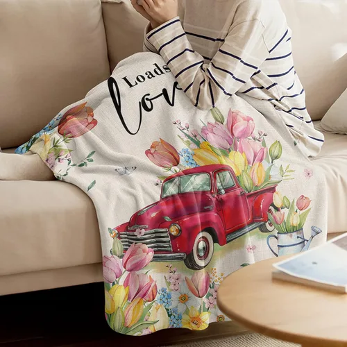 Vista 3 de Manta de Pascua de camión rojo, tulipán, manta suave y cálida, manta de franela de flores y mariposas para sofá, cama, manta para el Día