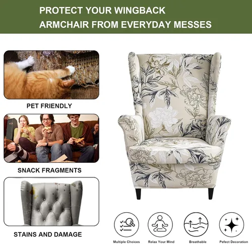 Vista 5 de HAOYONG Fundas para silla de alas estampadas, 2 piezas, fundas elásticas para sillón con respaldo de ala, fundas protectoras lavables para sala