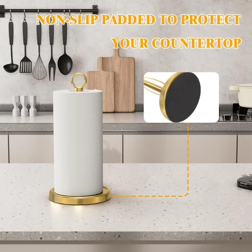 Vista 6 de Toallero de papel dorado para encimera, decoración de accesorios de cocina dorados, lágrima con una sola mano, acero inoxidable, base pesada