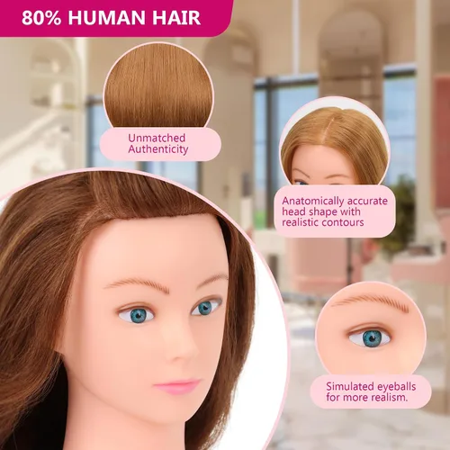 Vista 4 de Cabeza de maniquí con cabello humano para cosmetología - Cabeza de muñeca con 80% cabello humano para práctica de peinado, cabeza de práctica
