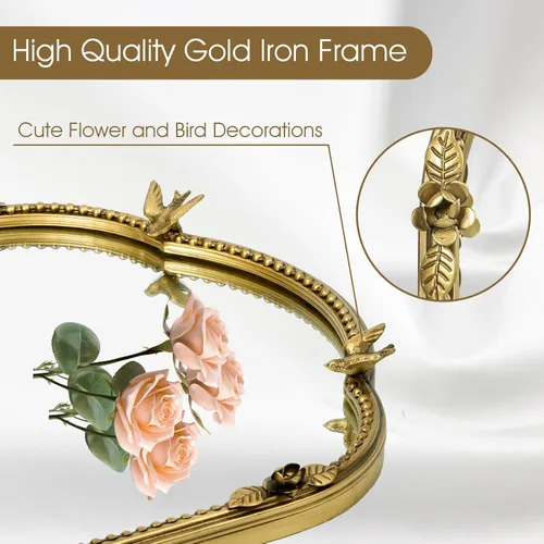 Vista 2 de Espejo de pared ovalado dorado de 19 x 32 pulgadas, espejo decorativo con marco de cuentas de metal, bonito patrón de pájaros y flores, espejo