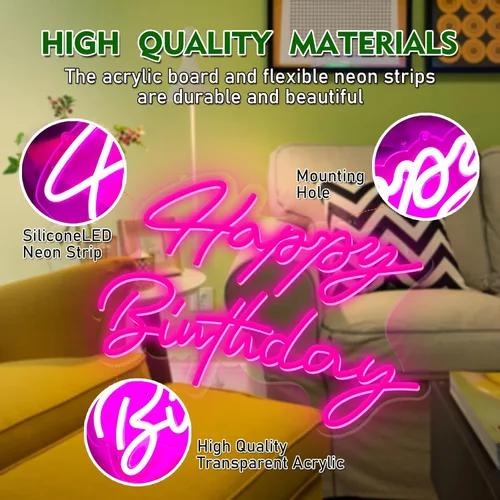 Vista 6 de Letrero de neón de feliz cumpleaños, reutilizable, luz LED de neón rosa, decoración de fiesta de cumpleaños, funciona con USB, decorativo para telón