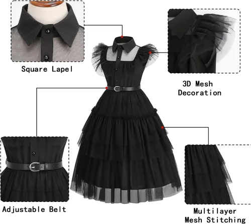 Vista 3 de Digi Halloween Wednesday Addams Costume Girls Dress,Halloween Birthday Cosplay Costumes for Kids 4-12 Years