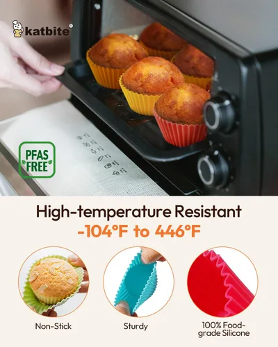 Vista 2 de Katbite Paquete de 24 forros de silicona para cupcakes, juego de forros de silicona antiadherentes para magdalenas, moldes gruesos y resistentes