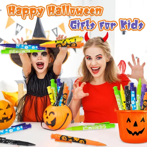 Vista 7 de Shemira Recuerdos de fiesta de Halloween para niños, 24 bolígrafos jumbo en 6 diseños temáticos surtidos de Halloween para truco o trato, relleno