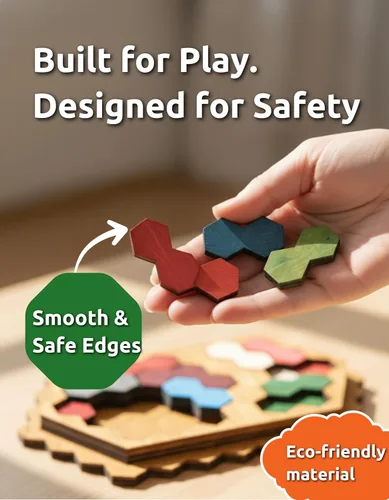 Vista 3 de Juego de rompecabezas hexagonal de madera para niños y adultos, juego de rompecabezas de bloques hexagonales hecho a mano con precisión, colorido