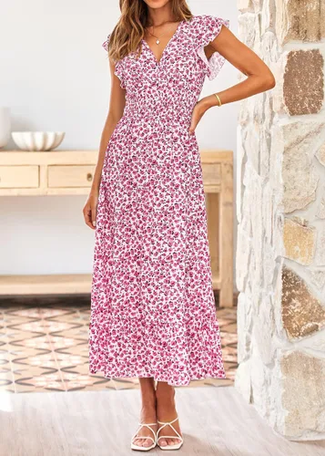 Vista 4 de KIRUNDO Vestido de verano para mujer, con volantes, sin mangas, cuello en V, elegante, con abertura, acampanado, para fiesta en la playa, cóctel