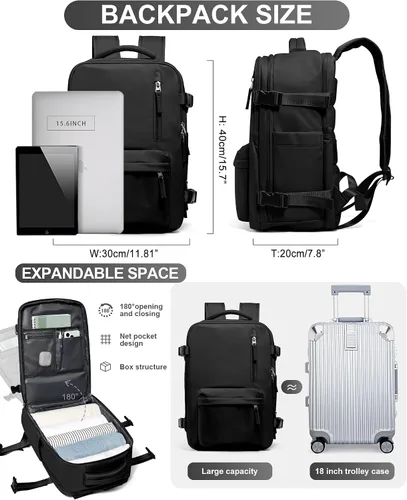 Vista 3 de WONHOX - Mochila grande, aprobada para vuelo, unisex, para viajes, trabajo, negocios o laptop, a1-Negro, Medium