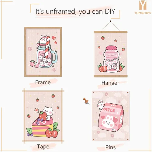 Vista 7 de Decoración de pared de anime japonés Kawaii para comedor, bonita decoración de cocina rosa, carteles estéticos de conejo y fresa, impresiones