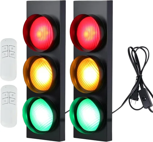 Vista 7 de HOMIER Lámpara de pared de semáforo, lámpara LED de tráfico de estilo retro con control remoto, decoración de luz de parada de tráfico de sala