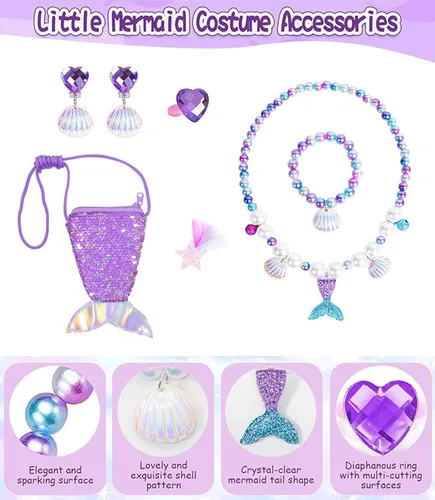 Vista 4 de VORLITS Disfraz de sirena para niñas, disfraz de princesa con accesorios