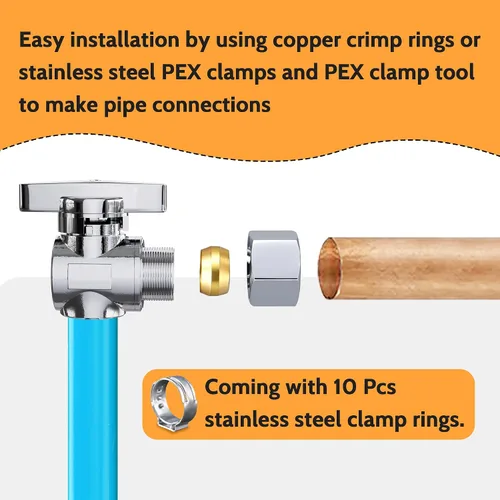 Vista 6 de TreMax Paquete de 10 válvulas de parada angular, compresión de 1/2 pulgada Pex x 1/4 pulgadas OD, compresión de 1/2 pulgadas Pex x 3/8 pulgadas