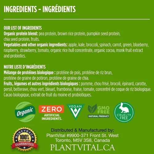 Vista 7 de PlantVital Proteína vegana en polvo a base de plantas, proteína orgánica en polvo de chocolate, 0.85 oz/0.00 oz de azúcar, 12 superalimentos