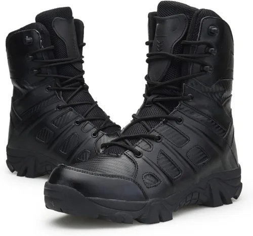 Vista 8 de Botas de trabajo tácticas militares para hombre, con cremallera lateral, ligeras, botas de combate para motocicleta, botas de combate para el Beige
