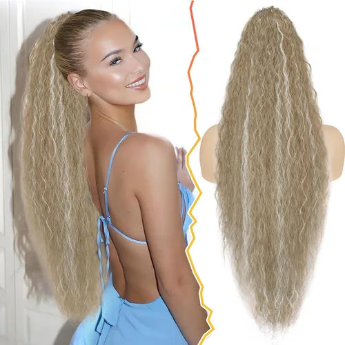 Vista 20 de BARSDAR Extensión de cola de caballo rizada ondulada con cordón negro marrón – 22 pulgadas de extensión de cabello sintético con peine de clip