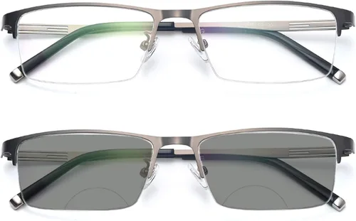 Vista 6 de Negocios Casual Hombres Ultraligero Metal Cuadrado Medio Marco Transición Bifocal Lente Gris Gafas de Lectura Presbíopes