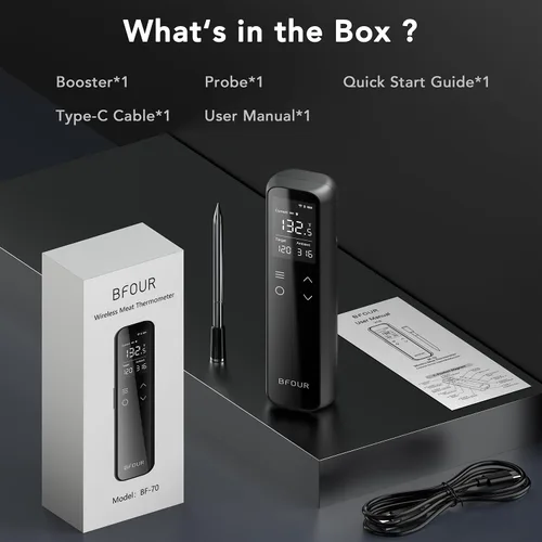 Vista 9 de BFOUR Termómetro inalámbrico para carne Bluetooth con base digital independiente, rango ilimitado WiFi, sensor de precisión 6, impermeable IP67