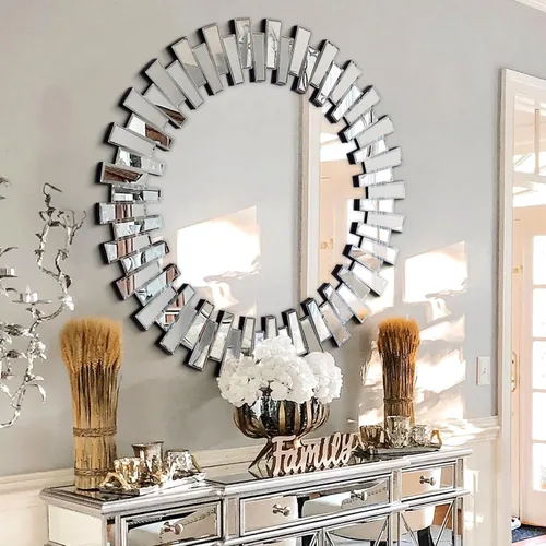 Vista 12 de Chende Espejo redondo – Espejo decorativo de 32 pulgadas con marco de vidrio biselado, acento moderno para sala de estar, vestíbulo, dormitorio