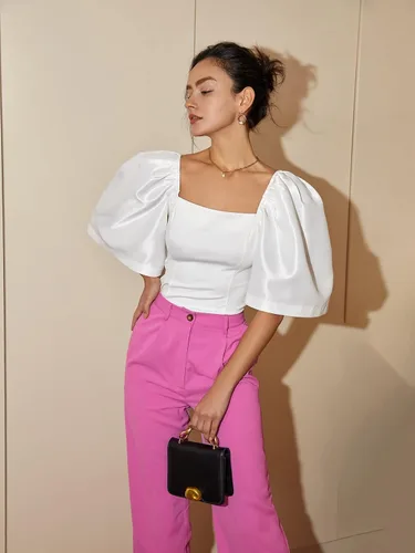 Vista 5 de Floerns Blusa corta elegante de manga corta abombada con cuello cuadrado para mujer