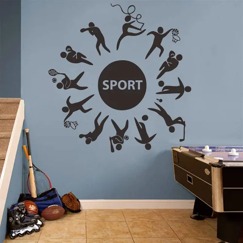 Vista 3 de Calcomanía deportiva de pared para habitación de los niños, calcomanías de PVC extraíbles con fútbol, baloncesto, béisbol y cuerda de saltar