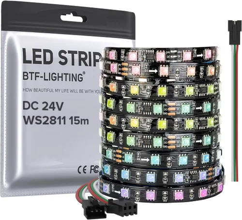 Vista 11 de BTF-LIGHTING -Tira LED WS2811 DC24V 32 pies, direccionable RGB, 600 LEDs, 100 píxeles, PCB blanco Dream Color IP30 no impermeable, funciona
