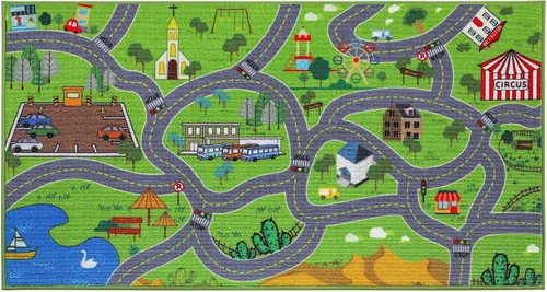 Vista 11 de BEQHAUSE Alfombra de juego para niños, alfombra de tráfico de ciudad verde, ideal para jugar con autos, alfombra de área de juegos de 32 x 60