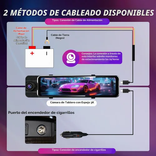 Vista 5 de Cámara de tablero de espejo de 3 canales con frontal 3K, cabina y trasera 1080P, cámara de espejo retrovisor de 11 pulgadas con WiFi/visión
