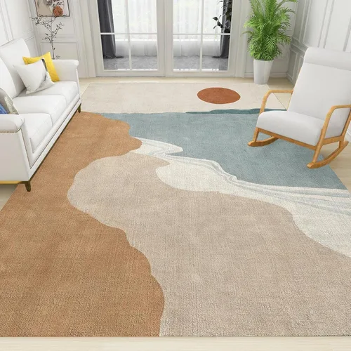 Vista 12 de Alfombra bohemia de mediados de siglo para sala de estar, alfombra grande con diseño geométrico bohemio, suave y antideslizante, de pelo bajo