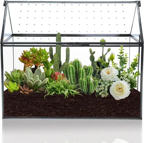 Vista 5 de HighFree Terrario geométrico de vidrio con tapa acrílica, terrario negro con forma de casa con agujeros de respiración para caracoles, suculentas